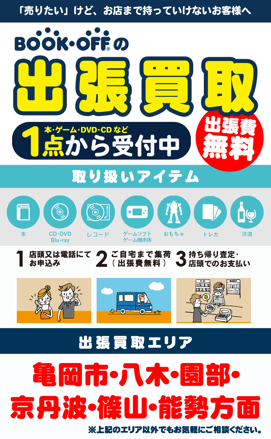 出張買取(エリア:亀岡市・八木市・園部・京丹波・篠山・能勢方面)